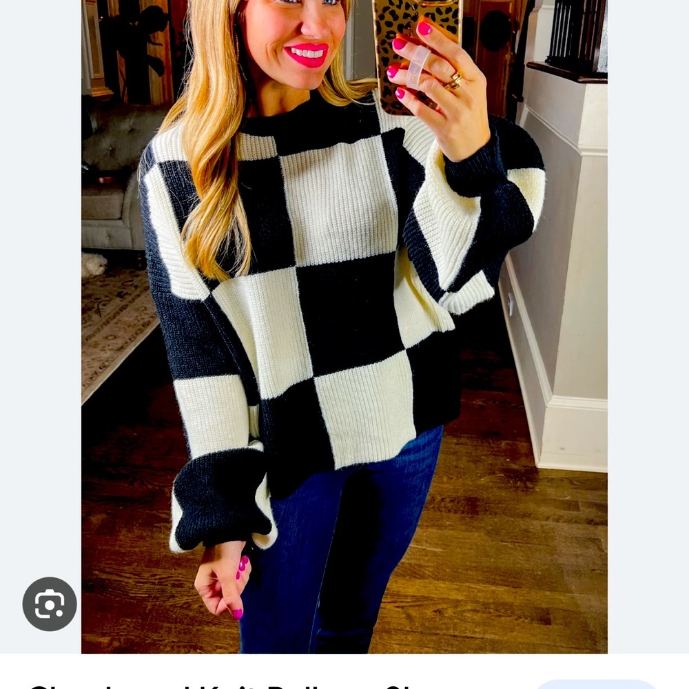 Checkered, bubble sleeve, knit sweater. Brand new